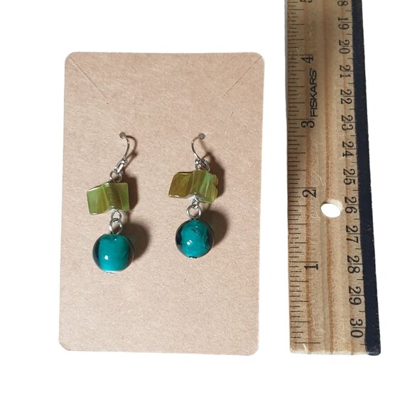 Vintage Green Turquoise Bead Dangle Earrings Handcrafted Jewelry Mother Of Pearl - Picture 2 of 4
